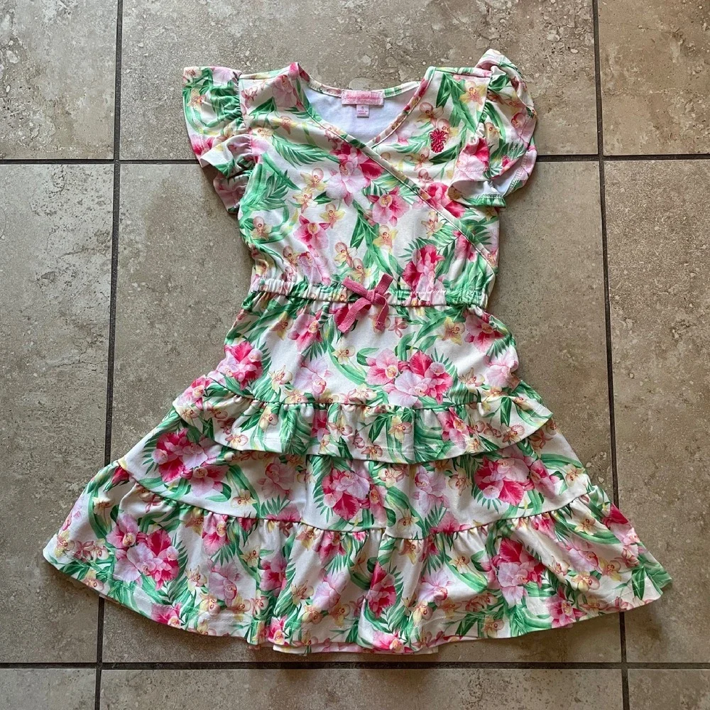 Tommy Bahama Floral Dress Ruffle Tiered Flutter‎ Sleeve Girl Size 5